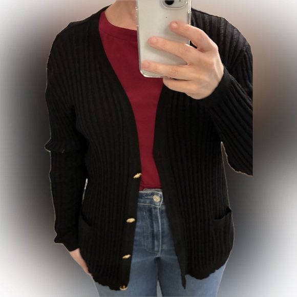 Celine Black 100% Wool Vintage Ribbed Women's Sweater- Large - Picture 10 of 14